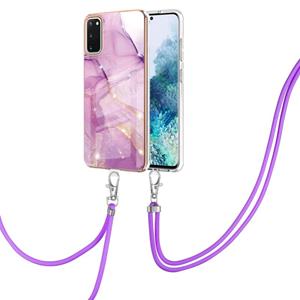 huismerk Voor Samsung Galaxy S20 Galvaniseren Marmeren Patroon IMD TPU Schokbestendig Case met Neck Lanyard (Purple 001)