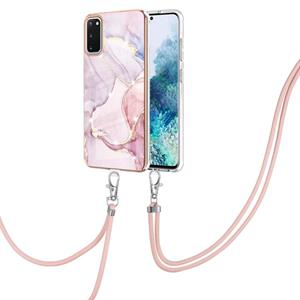 huismerk Voor Samsung Galaxy S20 Galvaniseren Marmeren Patroon IMD TPU Schokbestendig Case met Neck Lanyard (Rose Gold 005)