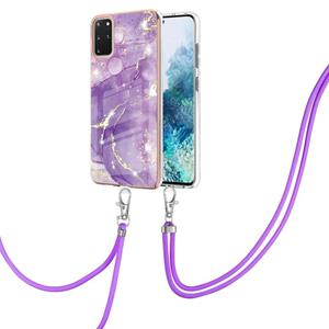 huismerk Voor Samsung Galaxy S20 + Electroplating Marmeren Patroon IMD TPU Schokbestendig Case met Neck Lanyard (Purple 002)