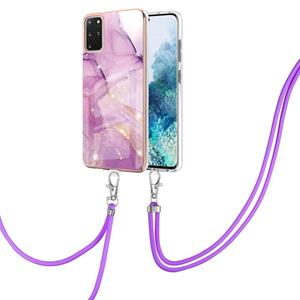 huismerk Voor Samsung Galaxy S20 + Electroplating Marmeren Patroon IMD TPU Shockproof Case met Neck Lanyard (Purple 001)