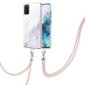 huismerk Voor Samsung Galaxy S20 + Electroplating Marmeren Patroon IMD TPU Schokbestendig Case met Neck Lanyard (White 006)