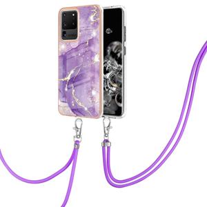 huismerk Voor Samsung Galaxy S20 Ultra Electroplating Marmeren Patroon IMD TPU Shockproof Case met Neck Lanyard (Purple 002)