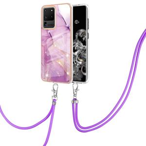 huismerk Voor Samsung Galaxy S20 Ultra Electroplating Marmeren Patroon IMD TPU Schokdichte Case met Neck Lanyard (Purple 001)