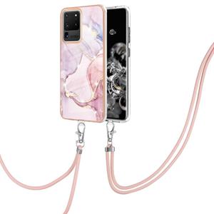 huismerk Voor Samsung Galaxy S20 Ultra Electroplating Marmeren Patroon IMD TPU Shockproof Case met Neck Lanyard (Rose Gold 005)