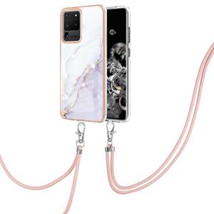 huismerk Voor Samsung Galaxy S20 Ultra Galvaniseren Marmeren Patroon IMD TPU Schokbestendig Case met Neck Lanyard (White 006)