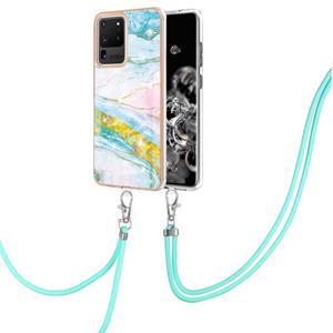 huismerk Voor Samsung Galaxy S20 Ultra Electroplating Marmeren Patroon IMD TPU Schokbestendig Case met Neck Lanyard (Green 004)