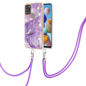 huismerk Voor Samsung Galaxy A21S Electroplating Marmeren Patroon IMD TPU Schokbestendig Case met Neck Lanyard (Purple 002)