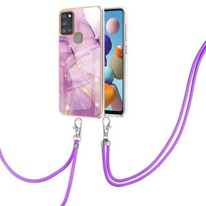 huismerk Voor Samsung Galaxy A21S Electroplating Marmeren Patroon IMD TPU Schokdichte Case met Neck Lanyard (Purple 001)