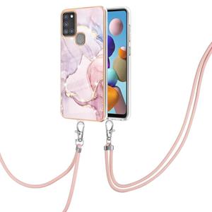 huismerk Voor Samsung Galaxy A21S Electroplating Marmeren Patroon IMD TPU Shockproof Case met Neck Lanyard (Rose Gold 005)