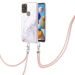 huismerk Voor Samsung Galaxy A21S Electloplating Marmeren Patroon IMD TPU Schokbestendig Case met Neck Lanyard (White 006)