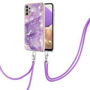 huismerk Voor Samsung Galaxy A32 5G Electloplating Marmeren Patroon IMD TPU Shockproof Case met Neck Lanyard (Purple 002)