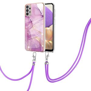 huismerk Voor Samsung Galaxy A32 5G Galvaniseren Marmeren Patroon IMD TPU Schokbestendig Case met Neck Lanyard (Purple 001)