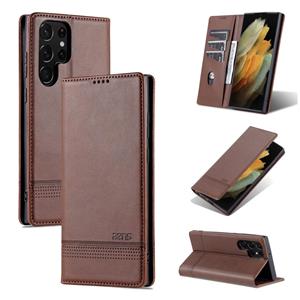 For Samsung Galaxy S22 Ultra 5G AZNS Magnetic Calf Texture Horizontal Flip Leather Phone Case(Dark Brown)