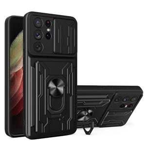 huismerk For Samsung Galaxy S21 Ultra 5G Camera Cover Phone Case with Card Slot & Holder(Black)