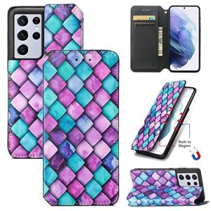 huismerk For Samsung Galaxy S21 Ultra 5G Colorful Magnetic Horizontal Flip PU Leather Case with Holder & Card Slot & Wallet(Purple Scales)