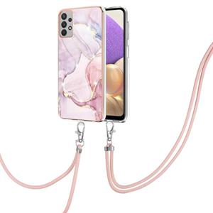 huismerk Voor Samsung Galaxy A32 5G Electroplating Marmeren Patroon IMD TPU Shockproof Case met Neck Lanyard (Rose Gold 005)