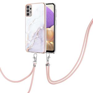 huismerk Voor Samsung Galaxy A32 5G Electroplating Marmeren Patroon IMD TPU Schokbestendig Case met Neck Lanyard (White 006)