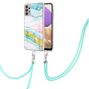 huismerk Voor Samsung Galaxy A32 5G Galvaniseren Marmeren Patroon IMD TPU Shockproof Case met neklanyard (groen 004)