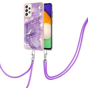 huismerk Voor Samsung Galaxy A52 5G / 4G Electroplating Marmeren Patroon IMD TPU Schokbestendig Case met Neck Lanyard (Purple 002)