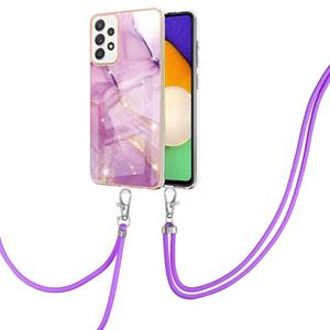 huismerk Voor Samsung Galaxy A52 5G / 4G Electroplating Marmeren Patroon IMD TPU Shockproof Case met Neck Lanyard (Purple 001)