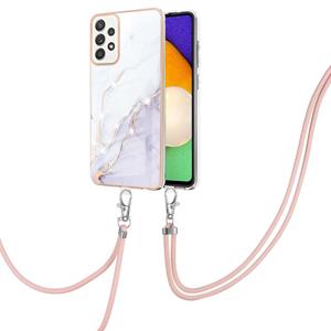 huismerk Voor Samsung Galaxy A52 5G / 4G Electroplating Marmeren Patroon IMD TPU Schokbestendig Case met Neck Lanyard (White 006)