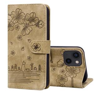 huismerk Cartoon Sakura Cat Embossed Leather Case For iPhone 13 mini(Brown)