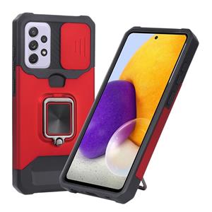 huismerk Voor Samsung Galaxy A72 5G Sliding Camera Cover Design PC + TPU Shockproof Case met Ring Holder & Card Slot