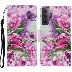 huismerk Voor Samsung Galaxy S21 5G Gekleurd tekenpatroon Horizontaal Flip PU Lederen hoesje met Holder & Card Slots & Wallet & Lanyard(Rose Butterfly)