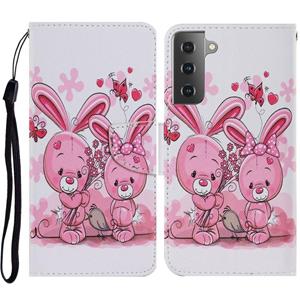 huismerk Voor Samsung Galaxy S21 5G Gekleurd tekenpatroon Horizontaal Flip PU Lederen hoesje met Holder & Card Slots & Wallet & Lanyard(Cute Rabbit)