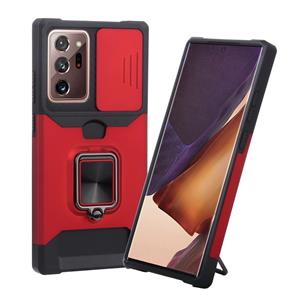 huismerk Voor Samsung Galaxy Note20 Ultra Sliding Camera Cover Design PC + TPU Schokbestendig Hoesje met Ring Houder &Card Slot (Rood)