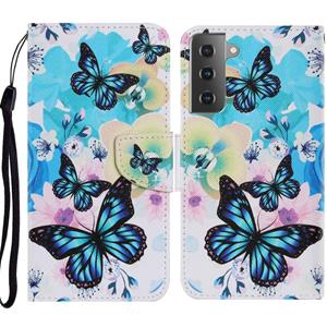 huismerk Voor Samsung Galaxy S21 5G Gekleurd tekenpatroon Horizontaal Flip PU Lederen hoesje met Holder & Card Slots & Wallet & Lanyard(Purple Butterfly)