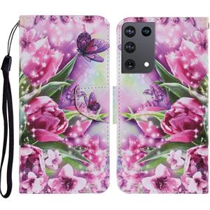 huismerk Voor Samsung Galaxy S21 Ultra 5G Gekleurd tekenpatroon Horizontaal Flip PU Lederen hoes met Holder & Card Slots & Wallet & Lanyard(Rose Butterfly)