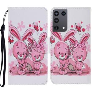 huismerk Voor Samsung Galaxy S21 Ultra 5G Gekleurd tekenpatroon Horizontaal Flip PU Lederen hoesje met Holder & Card Slots & Wallet & Lanyard(Cute Rabbit)