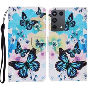 huismerk Voor Samsung Galaxy S21 Ultra 5G Gekleurd tekenpatroon Horizontaal Flip PU Lederen hoes met Holder & Card Slots & Wallet & Lanyard(Purple Butterfly)