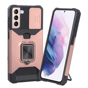 huismerk For Samsung Galaxy S21+ 5G Sliding Camera Cover Design PC + TPU Shockproof Case with Ring Holder & Card Slot(Rose Gold)