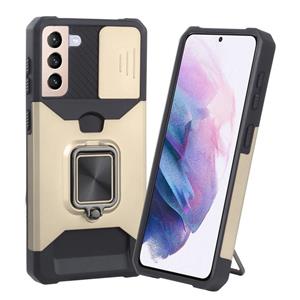 huismerk For Samsung Galaxy S21+ 5G Sliding Camera Cover Design PC + TPU Shockproof Case with Ring Holder & Card Slot(Gold)