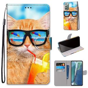 huismerk Voor Samsung Galaxy Note 20 Gekleurde tekening kruistextuur Horizontale flip PU lederen koffer met Holder & Card Slots & Wallet & Lanyard(Cat Drinking