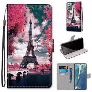 huismerk Voor Samsung Galaxy Note 20 Gekleurde tekening kruistextuur Horizontale Flip PU Lederen kast met Holder & Card Slots & Wallet & Lanyard(Pink Flower To