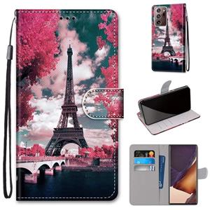 huismerk Voor Samsung Galaxy Note 20 Ultra gekleurde tekening kruistextuur Horizontale Flip PU Lederen kast met Holder & Card Slots & Wallet & Lanyard(Pink Flo