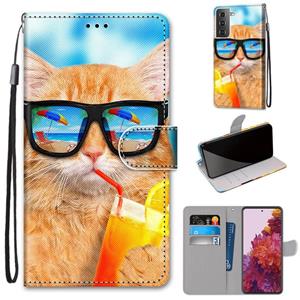 huismerk Voor Samsung Galaxy S21 5G Gekleurde tekening kruistextuur Horizontale Flip PU Lederen case met Holder & Card Slots & Wallet & Lanyard(Cat Drinking So