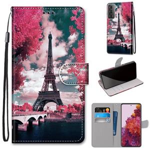 huismerk Voor Samsung Galaxy S21 5G Gekleurde tekening Kruistextuur Horizontale Flip PU Lederen kast met Holder & Card Slots & Wallet & Lanyard(Pink Flower Tow