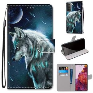 huismerk Voor Samsung Galaxy S21 5G Coloured Drawing Cross Texture Horizontale Flip PU Lederen case met Holder & Card Slots & Wallet & Lanyard(Peinzende Wolf)