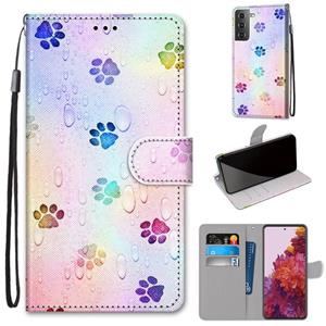 huismerk Voor Samsung Galaxy S21 5G Gekleurde tekening kruistextuur Horizontale Flip PU Lederen case met Holder & Card Slots & Wallet & Lanyard(Footprint Water