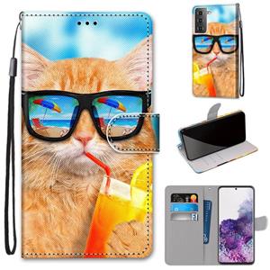 huismerk Voor Samsung Galaxy S21+ 5G Coloured Drawing Cross Texture Horizontale Flip PU Lederen case met Holder & Card Slots & Wallet & Lanyard(Cat Drinking So