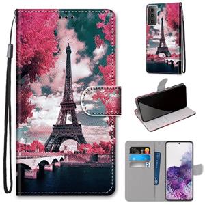 huismerk Voor Samsung Galaxy S21+ 5G Gekleurde tekening Kruistextuur Horizontale Flip PU Lederen kast met Holder & Card Slots & Wallet & Lanyard(Pink Flower To