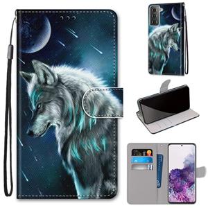 huismerk Voor Samsung Galaxy S21+ 5G Coloured Drawing Cross Texture Horizontale Flip PU Lederen case met Holder & Card Slots & Wallet & Lanyard(Peinzende Wolf)