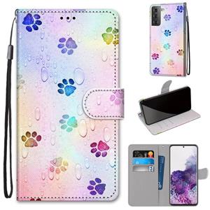 huismerk Voor Samsung Galaxy S21+ 5G Gekleurde tekening kruistextuur horizontale flip pu lederen kast met Holder & Card Slots & Wallet & Lanyard(Footprint Wate