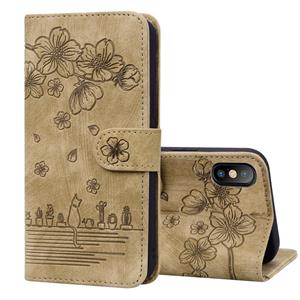 huismerk Cartoon Sakura Cat Embossed Leather Case For iPhone XS Max(Brown)