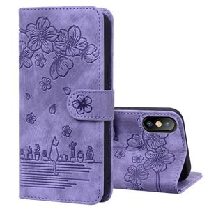 huismerk Cartoon Sakura Cat Embossed Leather Case For iPhone XS Max(Purple)