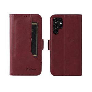 huismerk Voor Samsung Galaxy S22 Ultra 5G Dual Buckle Card Wallet Calf Leren Telefoonhoes (Wijnrood)